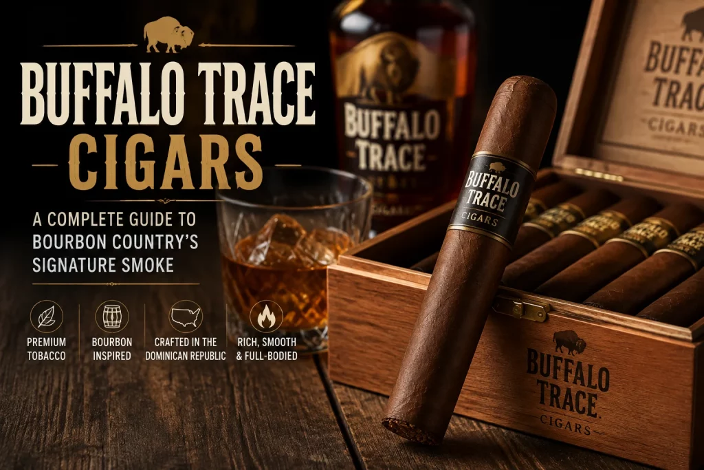  Buffalo Trace cigar with bourbon glass on a wooden table